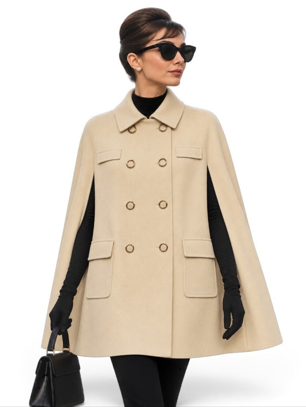 Vintage 60s Cream Mod Cape Coat Gold Ring Buttons